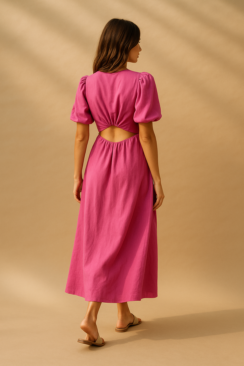 Midi-kjole i fuchsia med cut-out detaljer og pufærmer