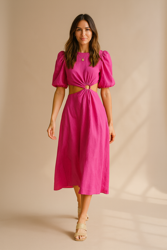Midi-kjole i fuchsia med cut-out detaljer og pufærmer