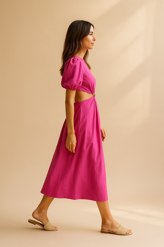 Midi-kjole i fuchsia med cut-out detaljer og pufærmer